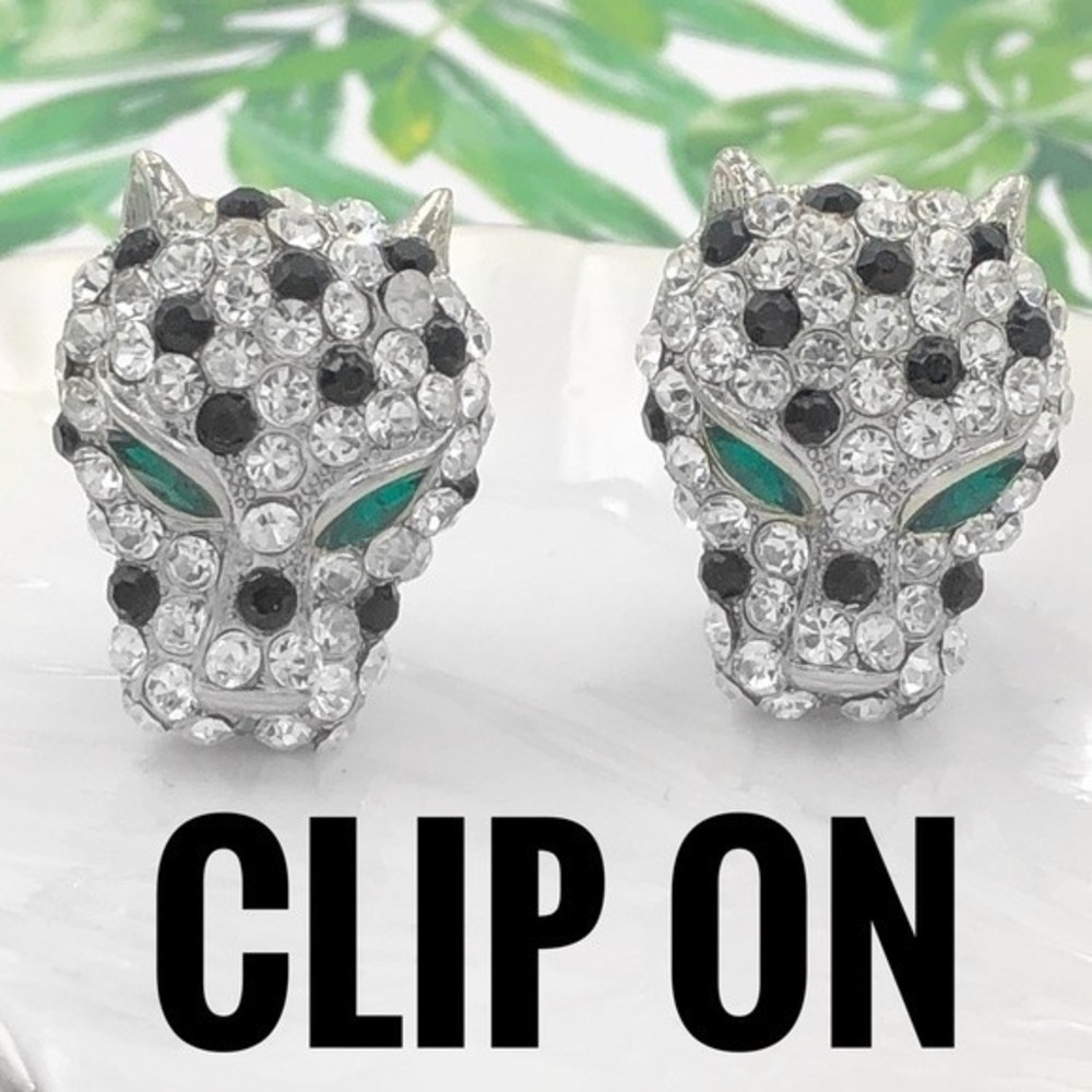 Leopard Head Cat Rhinestone Statement Clip On Earrings